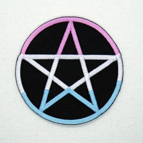 3" round light pink, white, and light blue embroidery on black canvas twill Pentagram patch