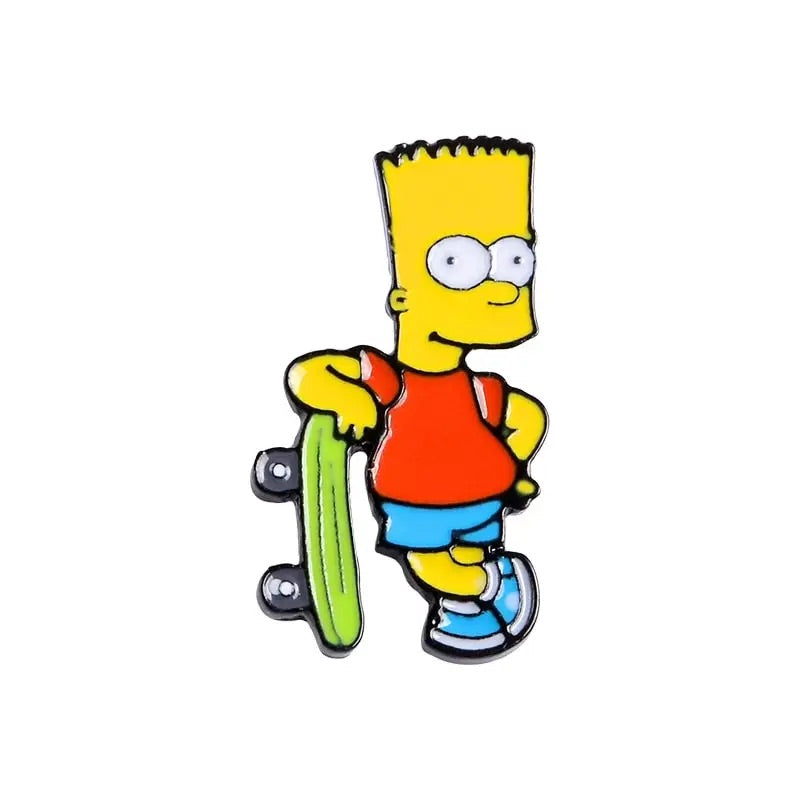 An enamel pin of Bart Simpson holding a skateboard 