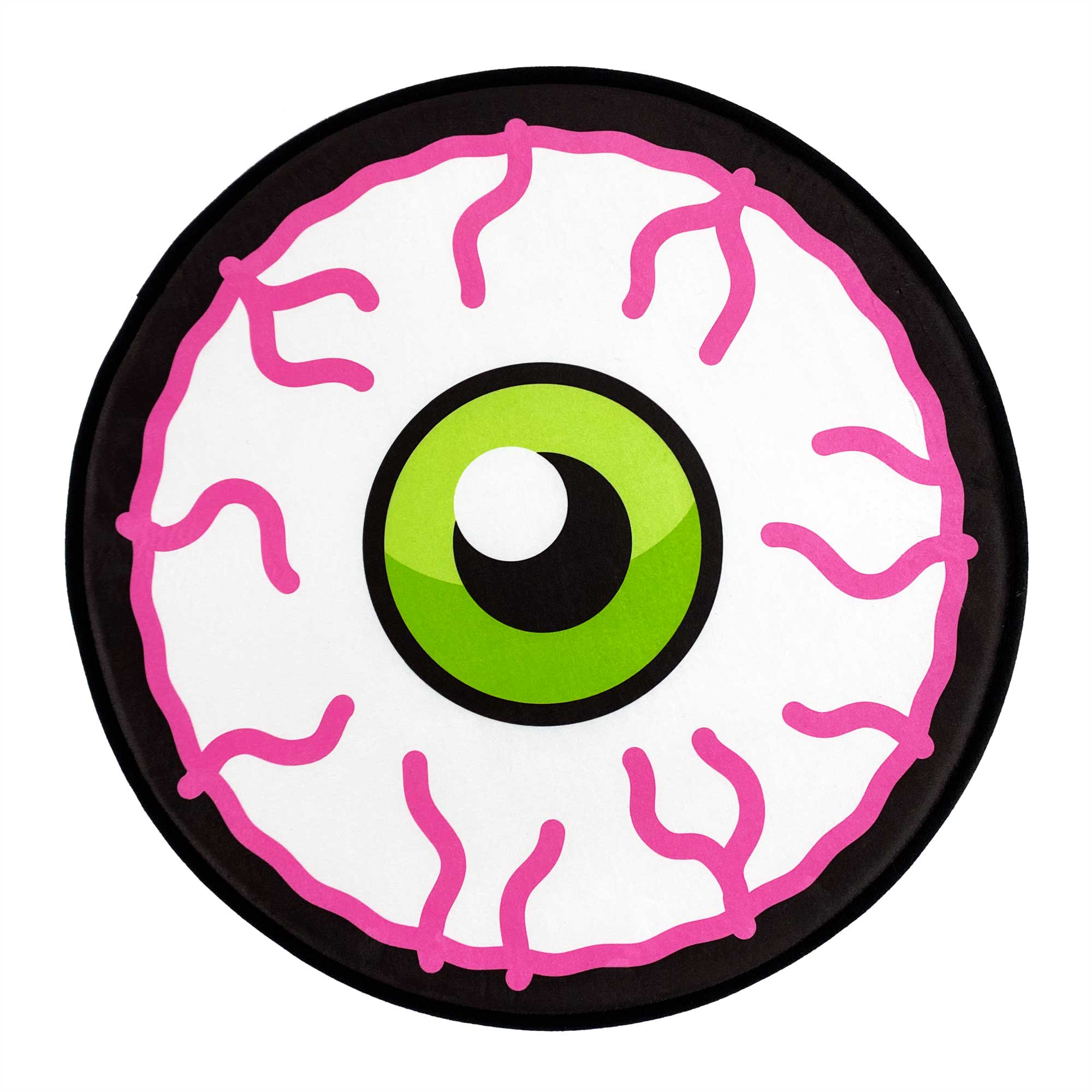 A round bath mat with a neon pink and green bloodshot eyeball design