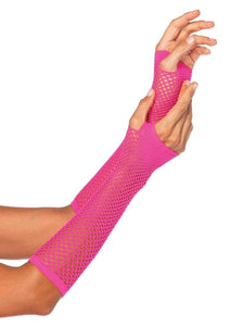 Elbow-length neon pink fishnet fingerless gloves