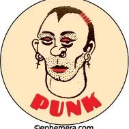 Red and black cartoony illustration of a punk rocker on a 1.25" round metal pin-back button