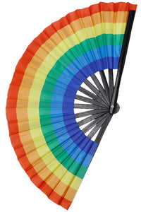 A giant 13” wide rainbow printed fabric folding fan with black bamboo ribs. Seen open from front