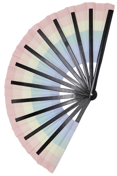 A giant 13” wide rainbow printed fabric folding fan with black bamboo ribs. Seen open from back