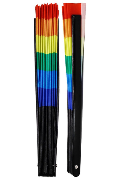 A giant 13” wide rainbow printed fabric folding fan with black bamboo ribs. Seen folded