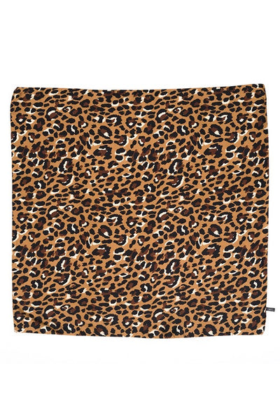 soft satiny square scarf in a classic brown leopard print pattern. Shown flat