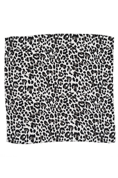 A soft satiny square scarf in a classic gray leopard print pattern. Shown flat