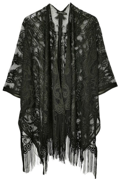 sheer black floral lace long sleeve robe with an open front and luxurious black fringe detail at the edges