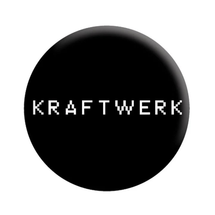 logo for Ralf Hütter and Florian Schneider’s pioneering electronic music group, in black and white on a 1 1/2” round metal pinback button