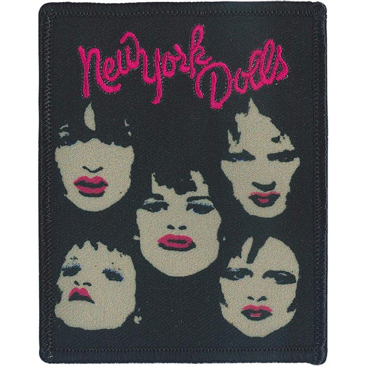 sublimated patch with embroidered logo detail of a group portrait of the New York Dolls, with neon pink lipstick on each membet