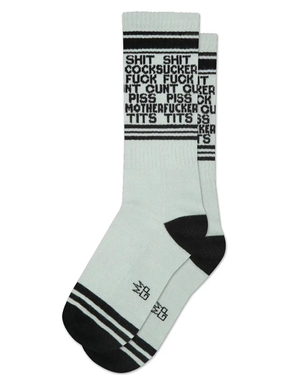 Unisex crew length cotton blend stretch gym socks with the words shit, cocksucker, fuck, cunt, piss, motherfucker, tits with black and grey stripes