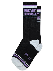 "Enfant Terrible” text on light purple, black, and gray ribbed knit stretch cotton blend crew length gym socks, shown flat