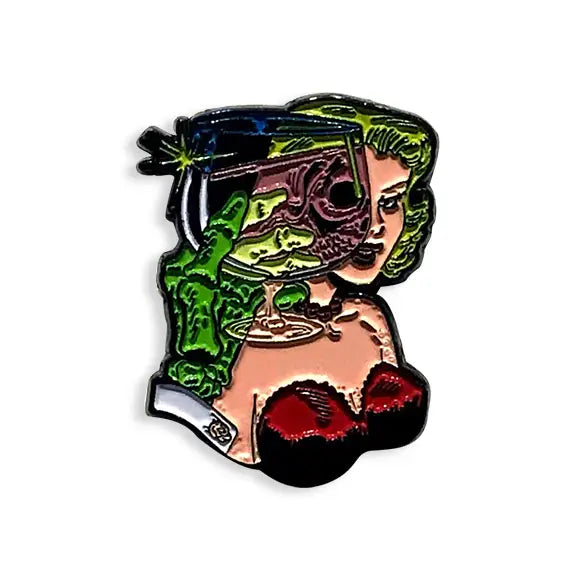 enamel pin featuring a full-color art version of the cover of the Misfits’ Die, Die My Darling 7”