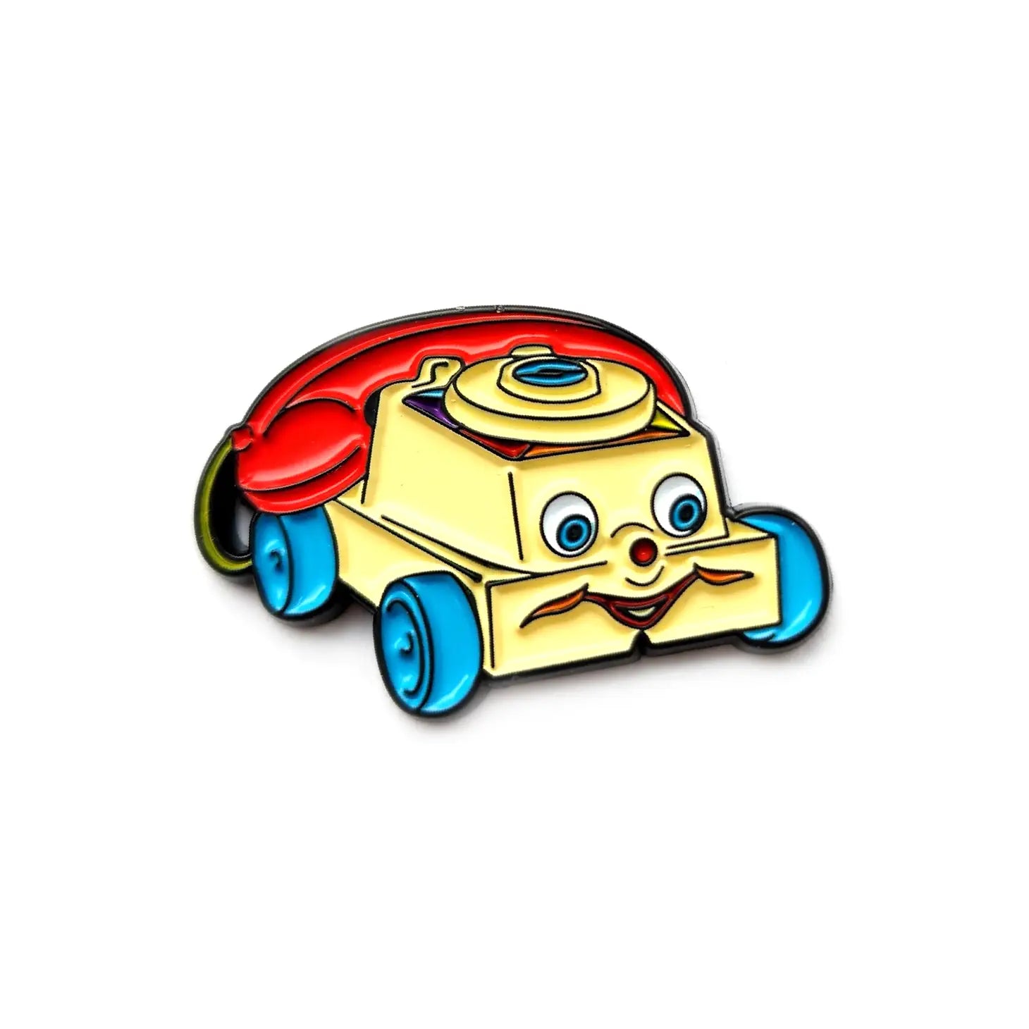 red, yellow, black, blue and white toy phone enamel pin