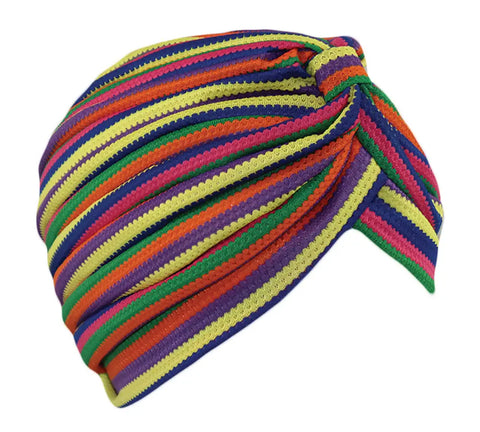knotted turban in fun bright orange, blue, purple, yellow, and green stripes