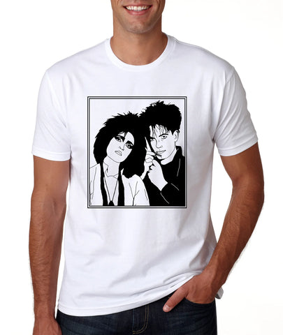 illustration of Siouxsie Sioux and Robert Smith posed together in black ink on a white unisex cotton t-shirt
