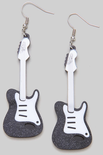 acrylic electric guitar earrings with black glitter & mirrored acrylic detail