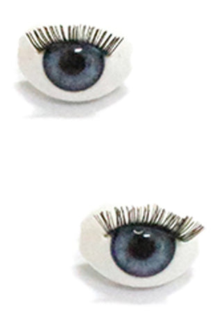 blue-irised doll eye post earrings with attached pin-straight black eyelashes