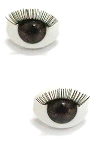 brown-irised doll eye post earrings with attached pin-straight black eyelashes