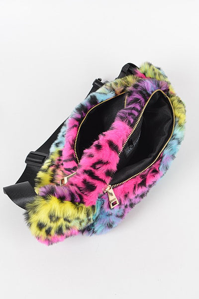 rainbow leopard print faux fur fanny pack purse with top zipper closure and muff feature, back zipper closure, inner zippered pocket, and adjustable 1 1/2” wide black strap. Shown with both outer zippered pockets open