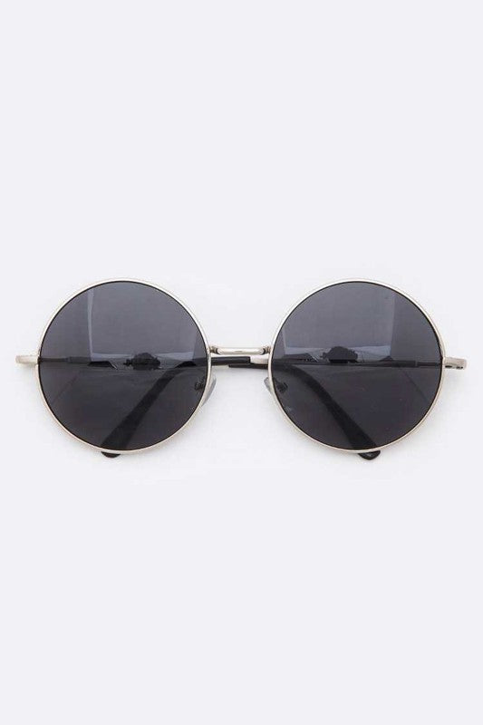  2 1/4” diameter round silver metal frame sunglasses with black lenses 