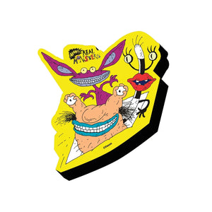Ickis, Oblina, and Krumm, from the 90s Nickelodeon cartoon Aaahh!!! Real Monsters, on a yellow background on a chunky die cut magnet