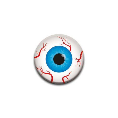 cartoony bloodshot eyeball with a blue iris on a 1.25” round metal pinback button