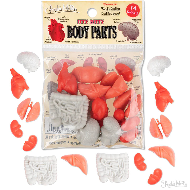 A bag of 14 random soft vinyl body parts in red, orange, and grey. Shown in their packaging