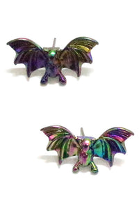 Black iridescent post earrings in the shape of a bat with outstretched wings