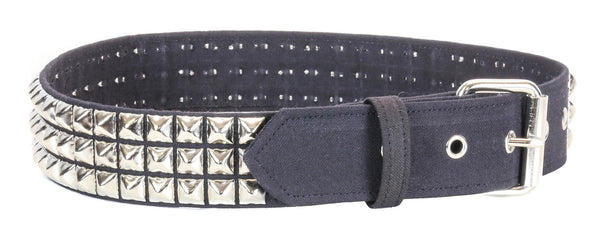 A canvas belt in classic black with 3 rows of 1/2" silver metal pyramid studs. Shown from front side with buckle