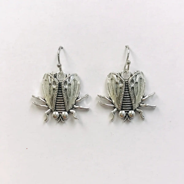 Detailed silver metal fly dangle earrings