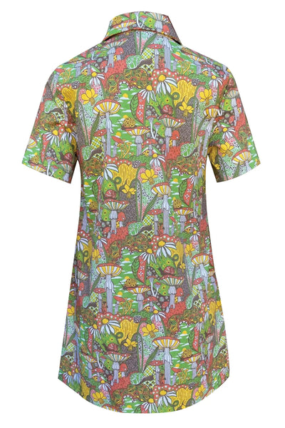 A short sleeved mini dress with an exaggerated pointed collar and green plastic zipper down the front. It has a psychedelic pattern with motifs including star spotted mushrooms, daffodils, paisley, snails, and pinwheels- in shades of yellow, red, green, and black. Shown from back zipped without sash belt