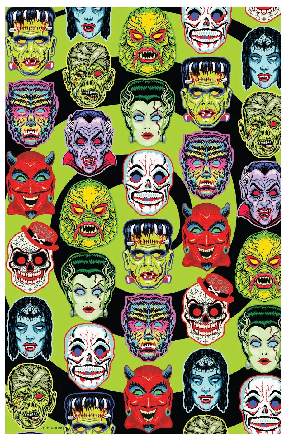 Throw blanket with all-over vibrantly colored print of retro Halloween monster masks on a swirled black and bright green background 