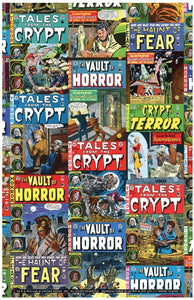 Throw blanket with  all-over vibrantly colored print of a collage of vintage covers from EC Comics’ 1950’s releases, Tales From the Crypt, The Haunt of Fear, and the Vault of Horror