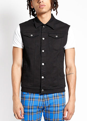 A black denim vest with double chest pockets and hand pockets. Shown on a model from the front