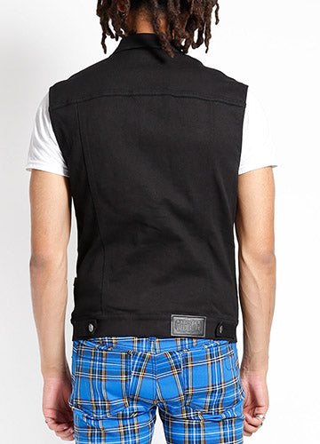A black denim vest with double chest pockets and hand pockets. Shown on a model from the back