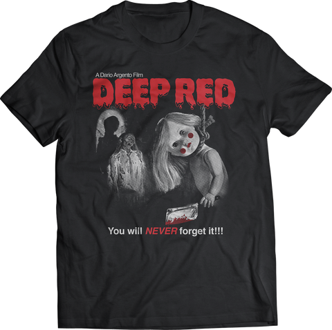 screenprinted unisex black t-shirt with poster art from Dario Argento's 1975 Italian horror film Deep Red