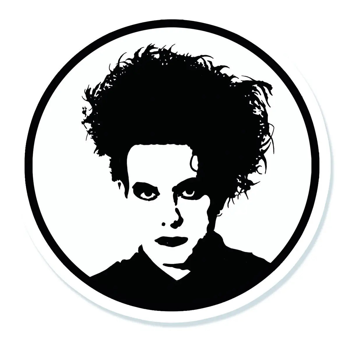 black and white round vinyl sticker of a stylized portrait of Robert Smith from the Cure