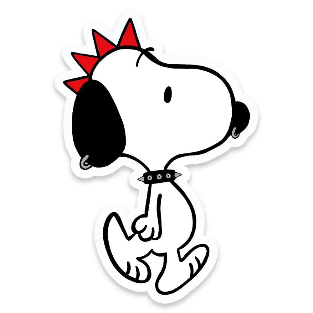 Vinyl die-cut sticker of Snoopy with a red Mohawk, nose and ear piercings, and a studded bracelet