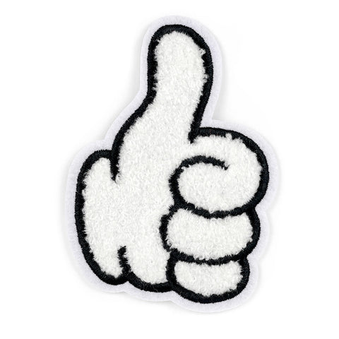 Chenille patch of a white cartoon gloved hand with thick black outline giving a thumbs up