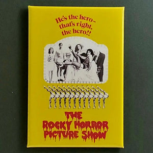 A vertical rectangular magnet featuring poster art from the 1975 movie The Rocky Horror Picture Show on a bright yellow background 