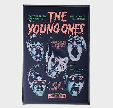 A vertical rectangular magnet featuring all four main characters from the television show The Young Ones in ghoulish makeup on a black background 