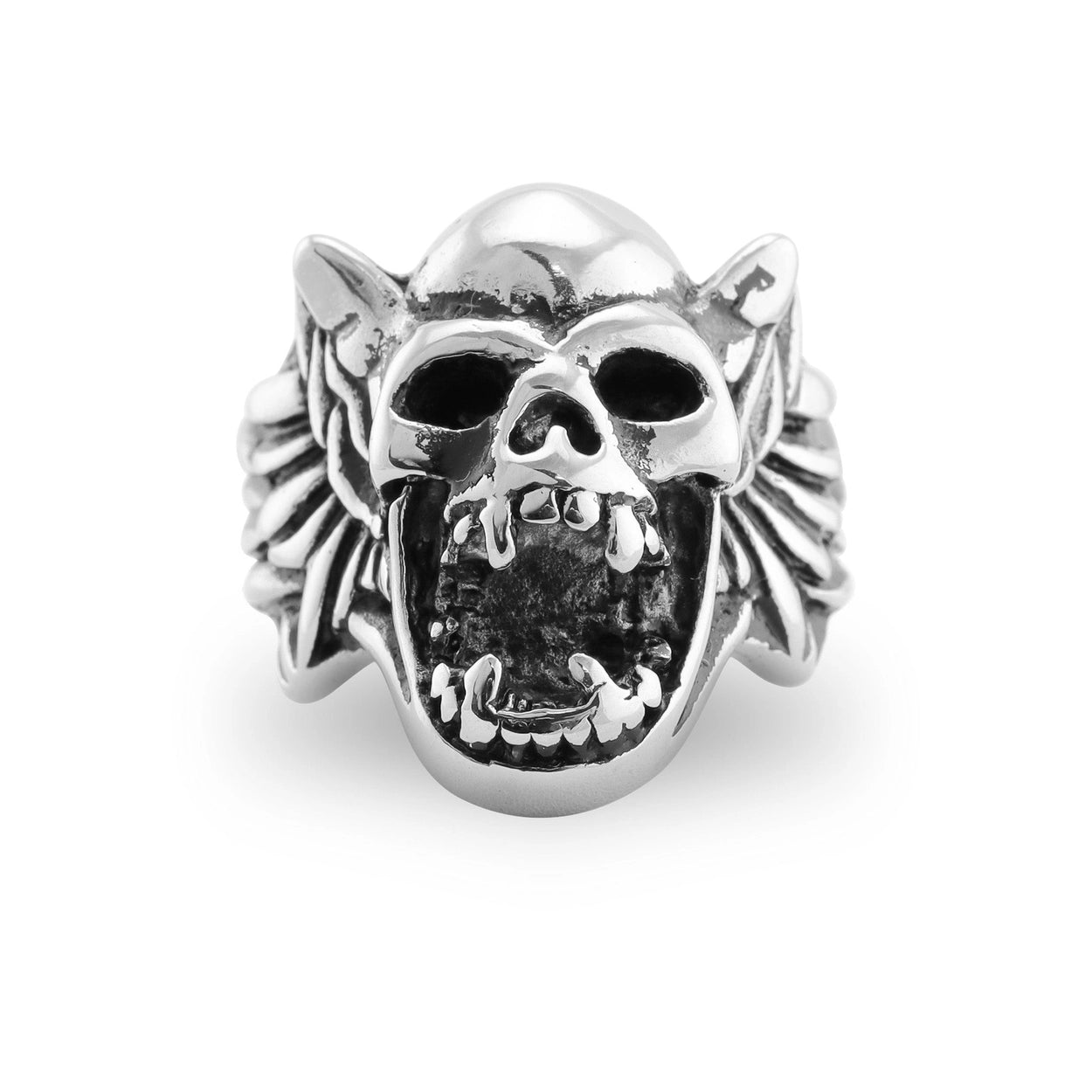Shiny stainless steel ring depicting a goblin skull with an open mouth. Seen from the front