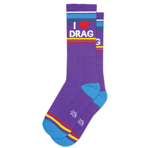 "I ❤️ DRAG" ribbed knit stretch cotton blend crew length gym socks in purple with a rainbow stripe at the cuff, blue heels, and rainbow strip at the toe
