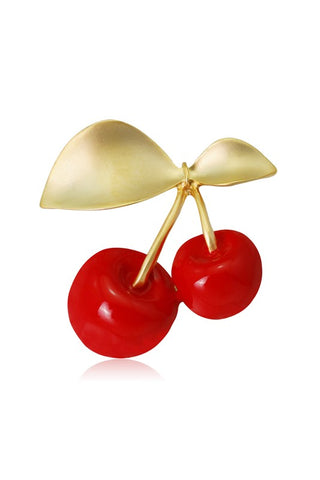 Enameled red and gold metal cherry brooch