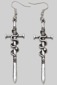 burnished silver metal sword dangle earrings with a snake wrapped around each blade