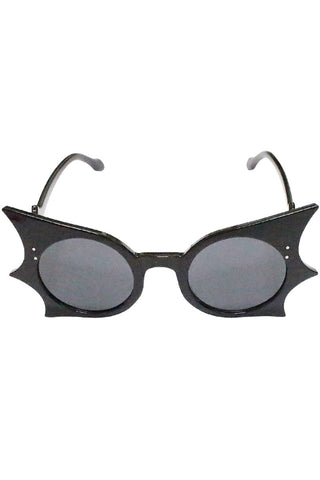 Black cat eye sunglasses with a scalloped frame to resemble bat wings