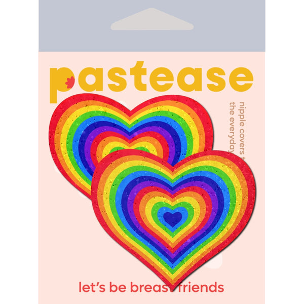 Glittery rainbow velvet heart pasties in their packaging