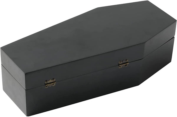 A black coffin shaped hinged trinket box lined with red velvety fabric on both interior sides. Shown from back side, closed