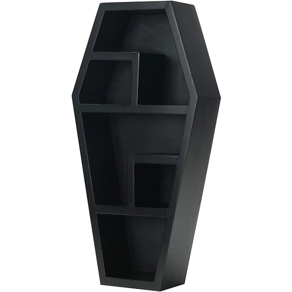 Black satin finish wooden curio style shelf with 5 compartments, shown from three quarter angle