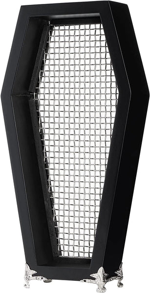 Black wooden coffin shaped jewelry holder with silver metal wire mesh in the middle and shiny silver metal feet on the bottom. Shown from the back